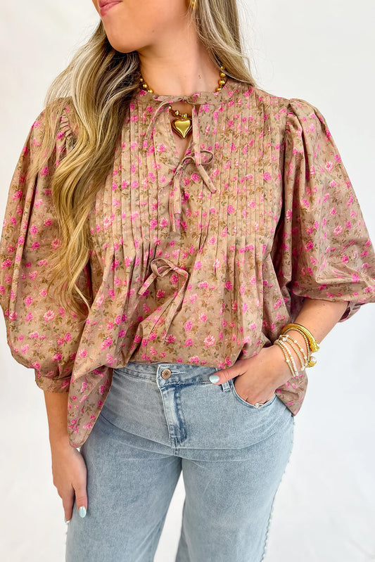 Light French Beige Floral Print Bow Pintuck Bust Half Puff Sleeve Blouse Top-Tops/Blouses & Shirts-[Adult]-[Female]-Light French Beige-S-2022 Online Blue Zone Planet