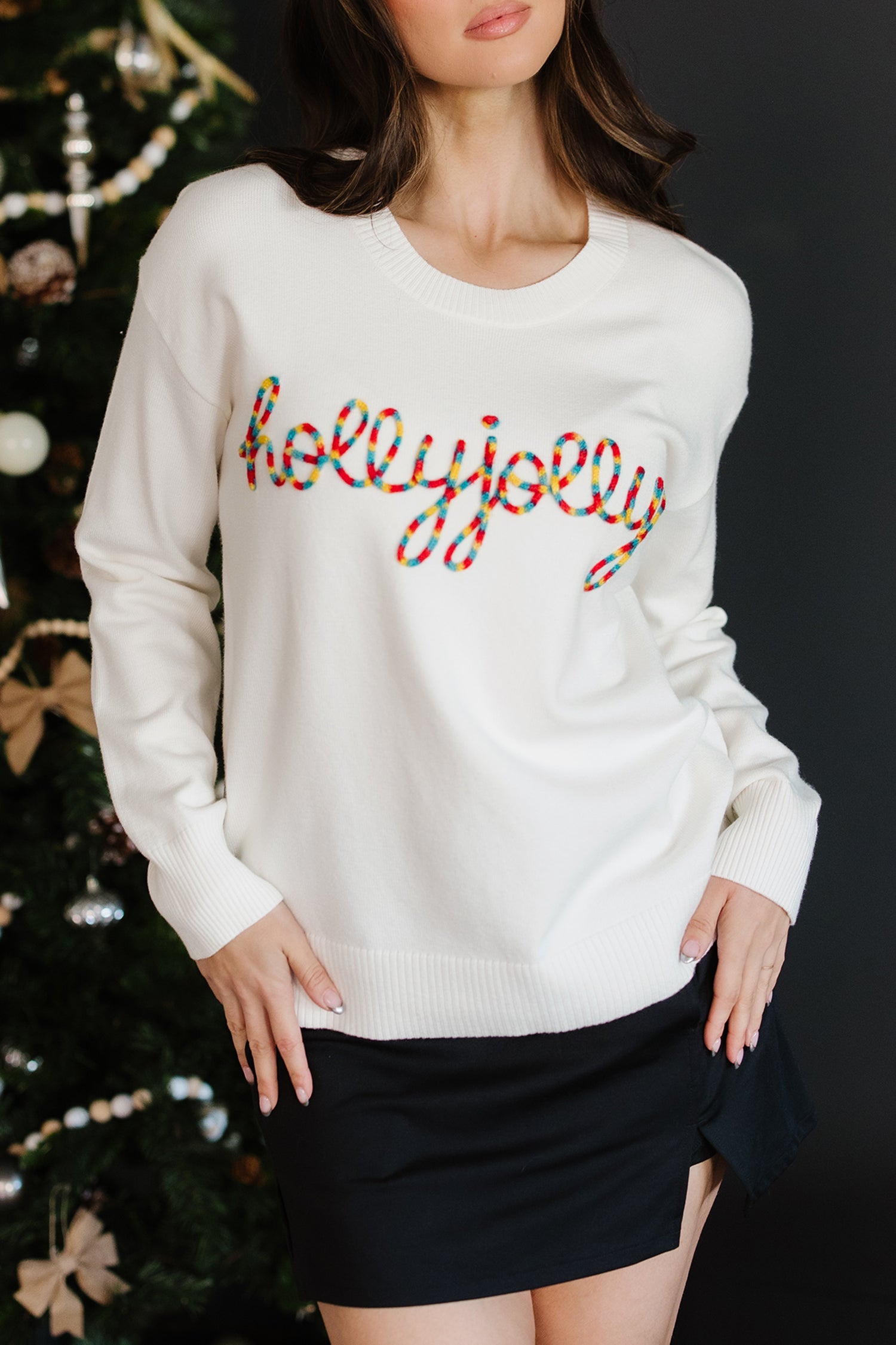 Beige Colorful Holly Jolly Christmas Knit Loose Sweater-TOPS / DRESSES-[Adult]-[Female]-2022 Online Blue Zone Planet