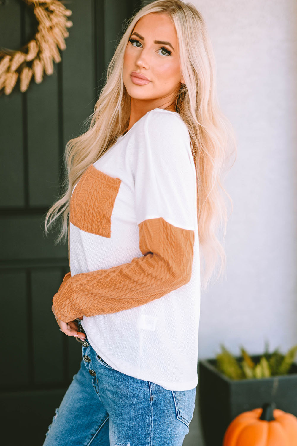 Orange Long Sleeve Colorblock Chest Pocket Textured Knit Top-Sale (50% OFF)/30% OFF-[Adult]-[Female]-2022 Online Blue Zone Planet