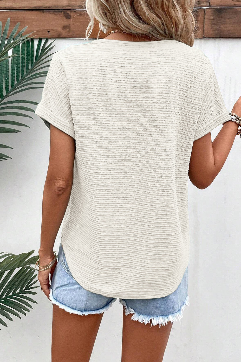 Grass Green Textured Wide Sleeve V Neck T Shirt-Tops/Tops & Tees-[Adult]-[Female]-2022 Online Blue Zone Planet