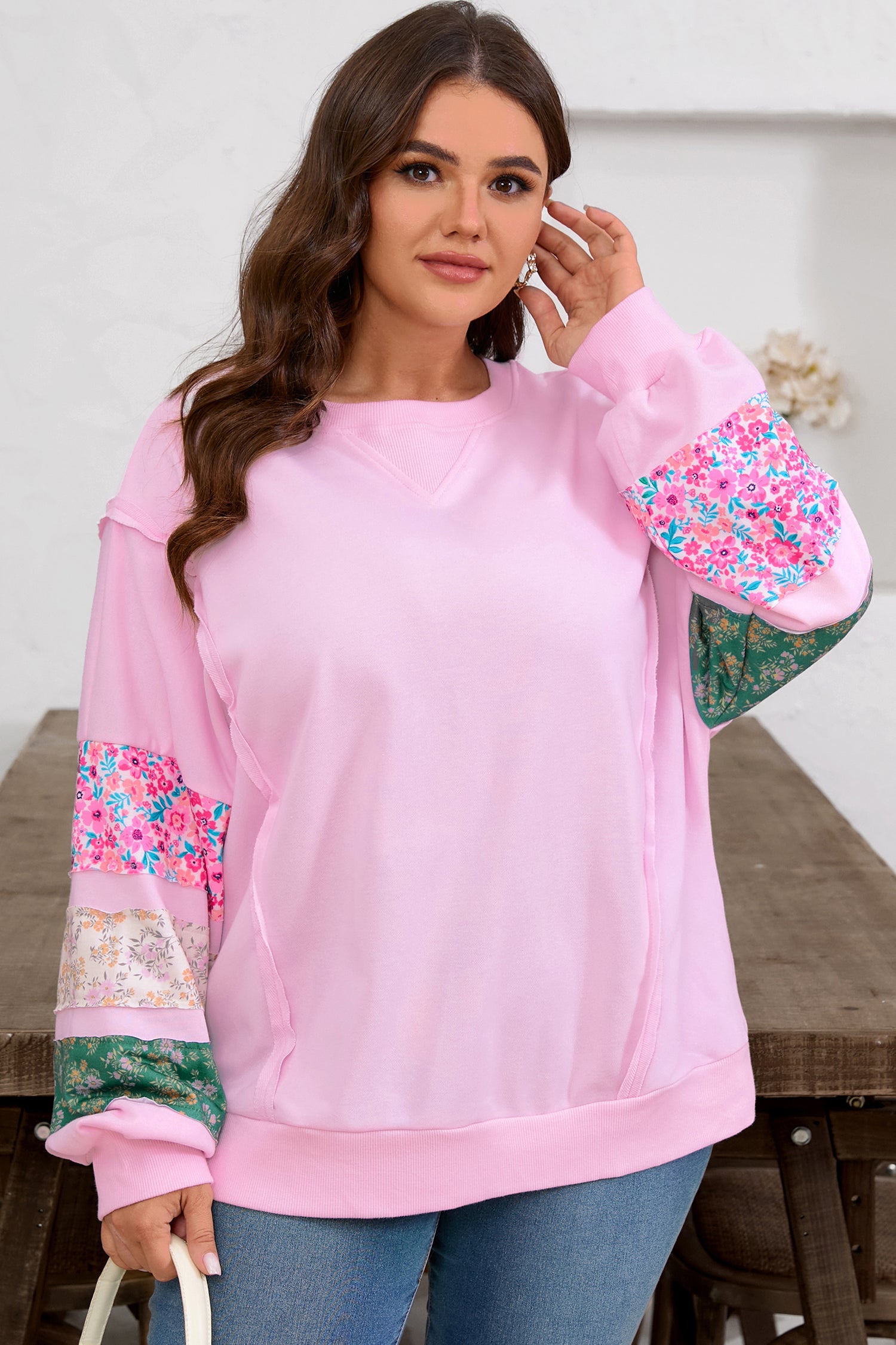 Pink Plus Size Mix Floral Patched Sleeve Ribbed Trim Baggy Sweatshirt-Plus Size/Plus Size Sweatshirts & Hoodies-[Adult]-[Female]-2022 Online Blue Zone Planet