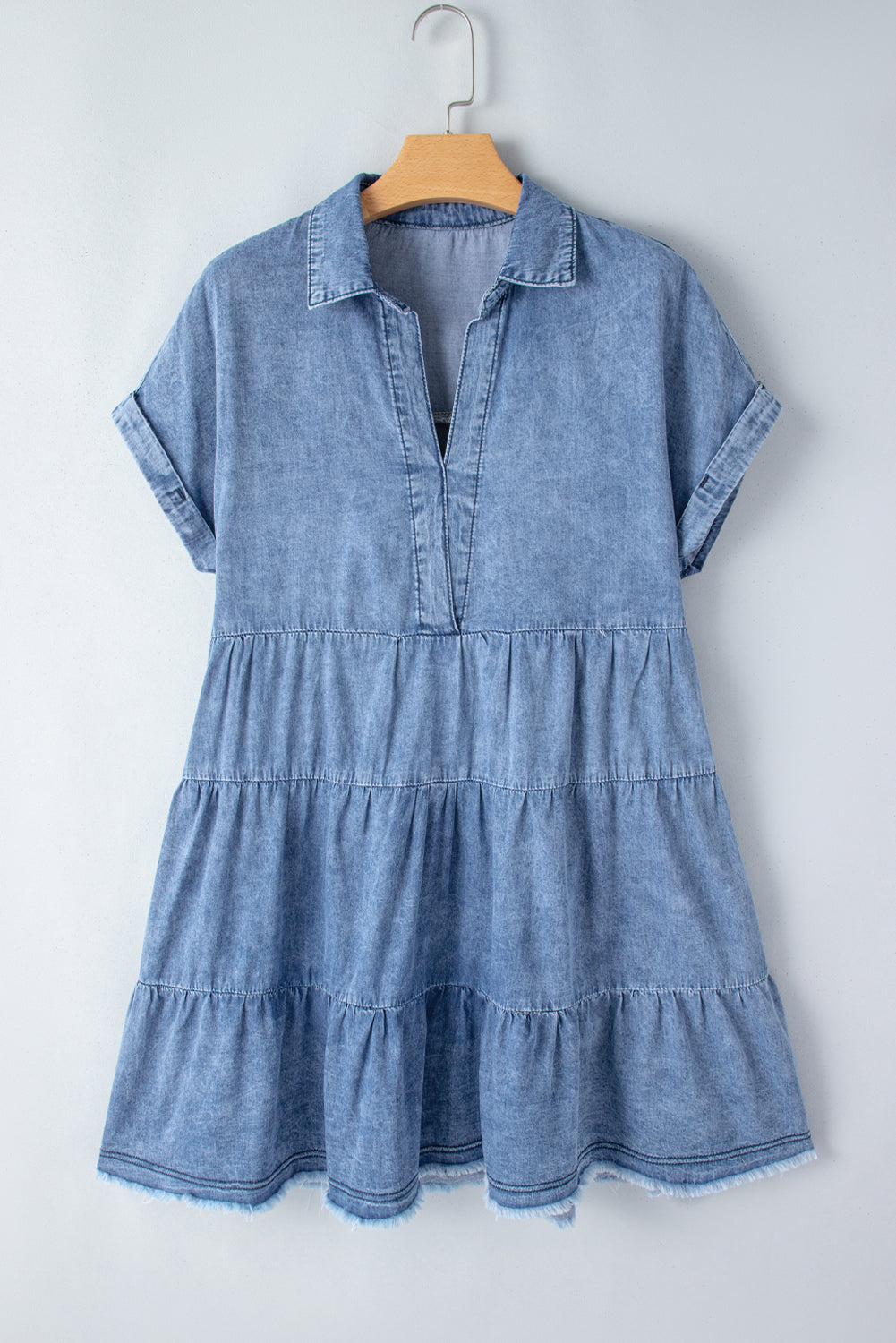 Raw Hem Collared Neck Short Sleeve Denim Dress-TOPS / DRESSES-[Adult]-[Female]-2022 Online Blue Zone Planet