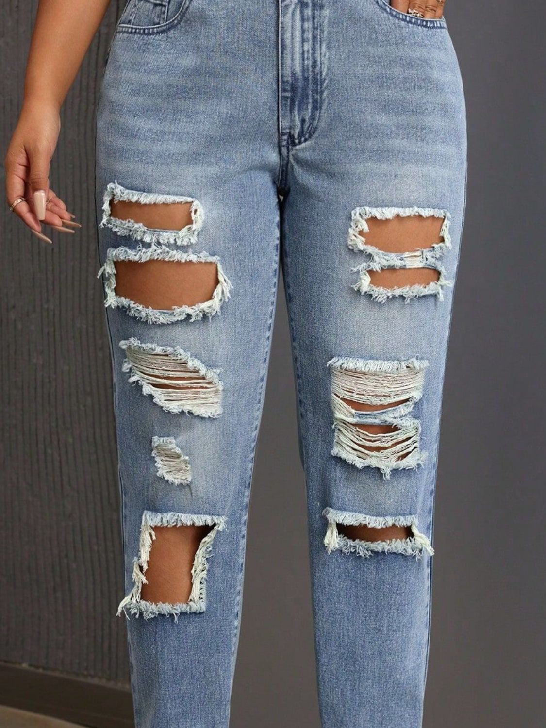 Distressed High Rise Jeans with Pockets-BOTTOMS SIZES SMALL MEDIUM LARGE-[Adult]-[Female]-2022 Online Blue Zone Planet