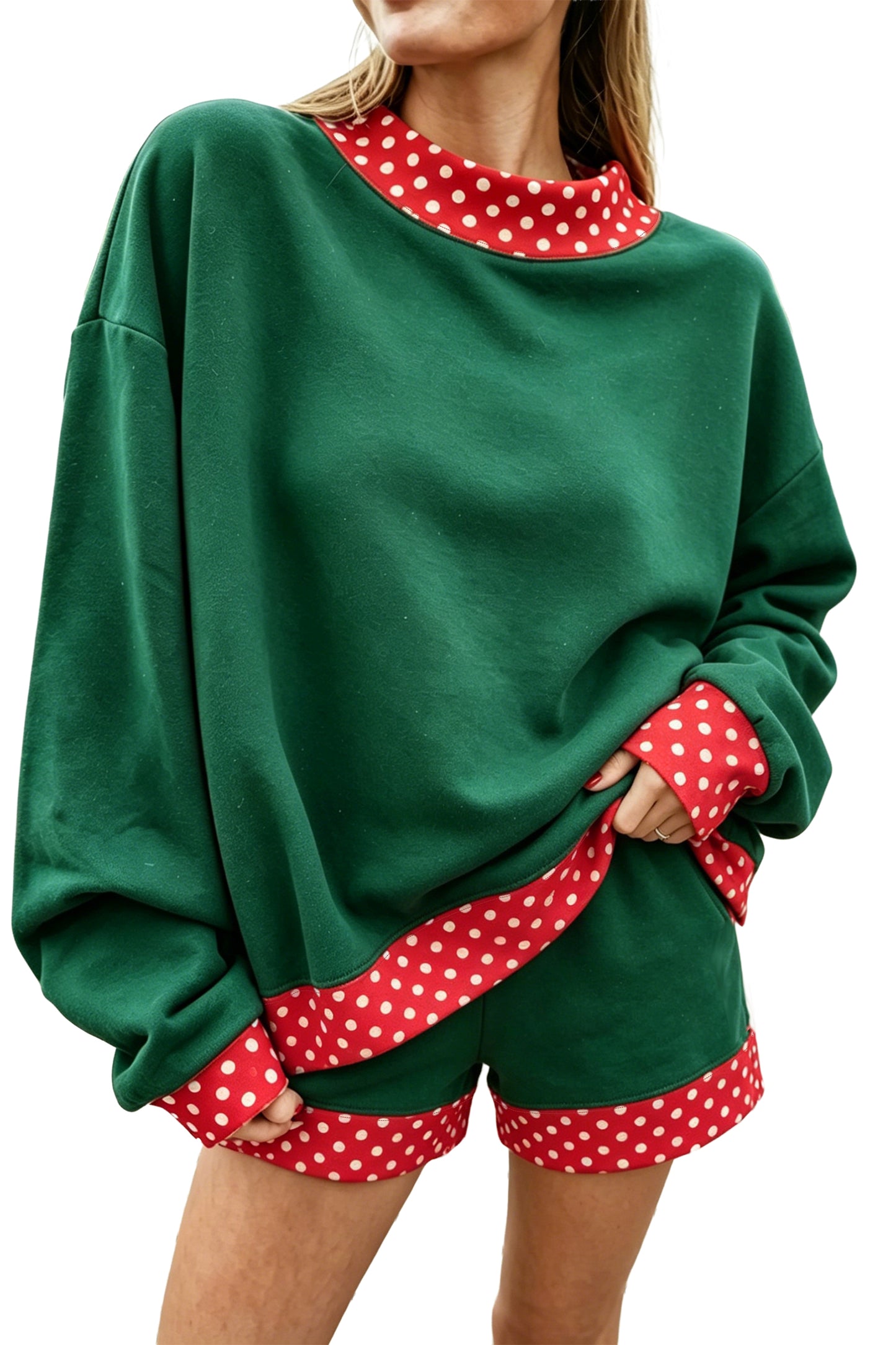 Fiery Red Gingham Trim Baggy Pullover 2pcs Short Set-Two Piece Sets/Short Sets-[Adult]-[Female]-2022 Online Blue Zone Planet