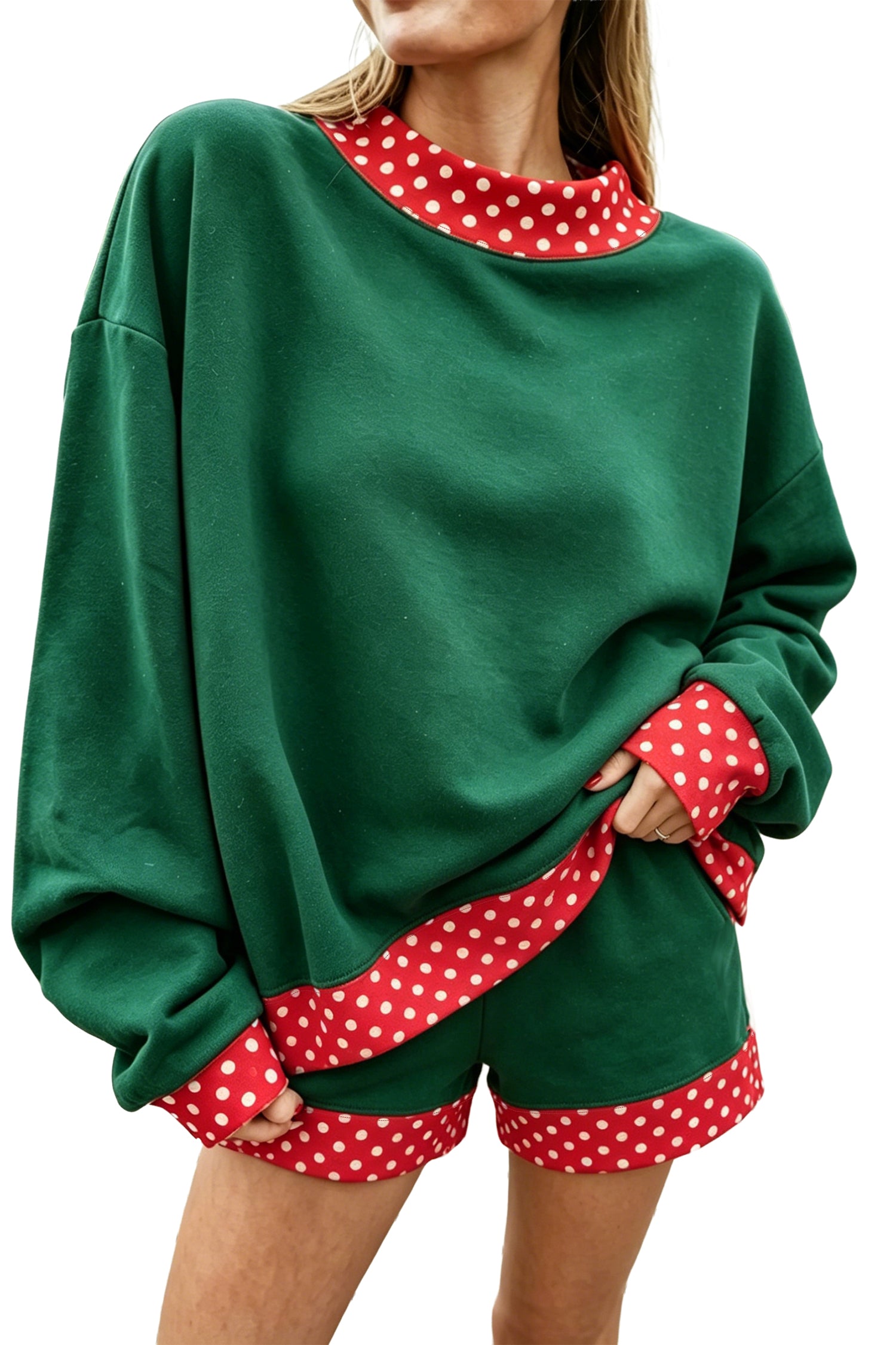 Fiery Red Gingham Trim Baggy Pullover 2pcs Short Set-Two Piece Sets/Short Sets-[Adult]-[Female]-2022 Online Blue Zone Planet
