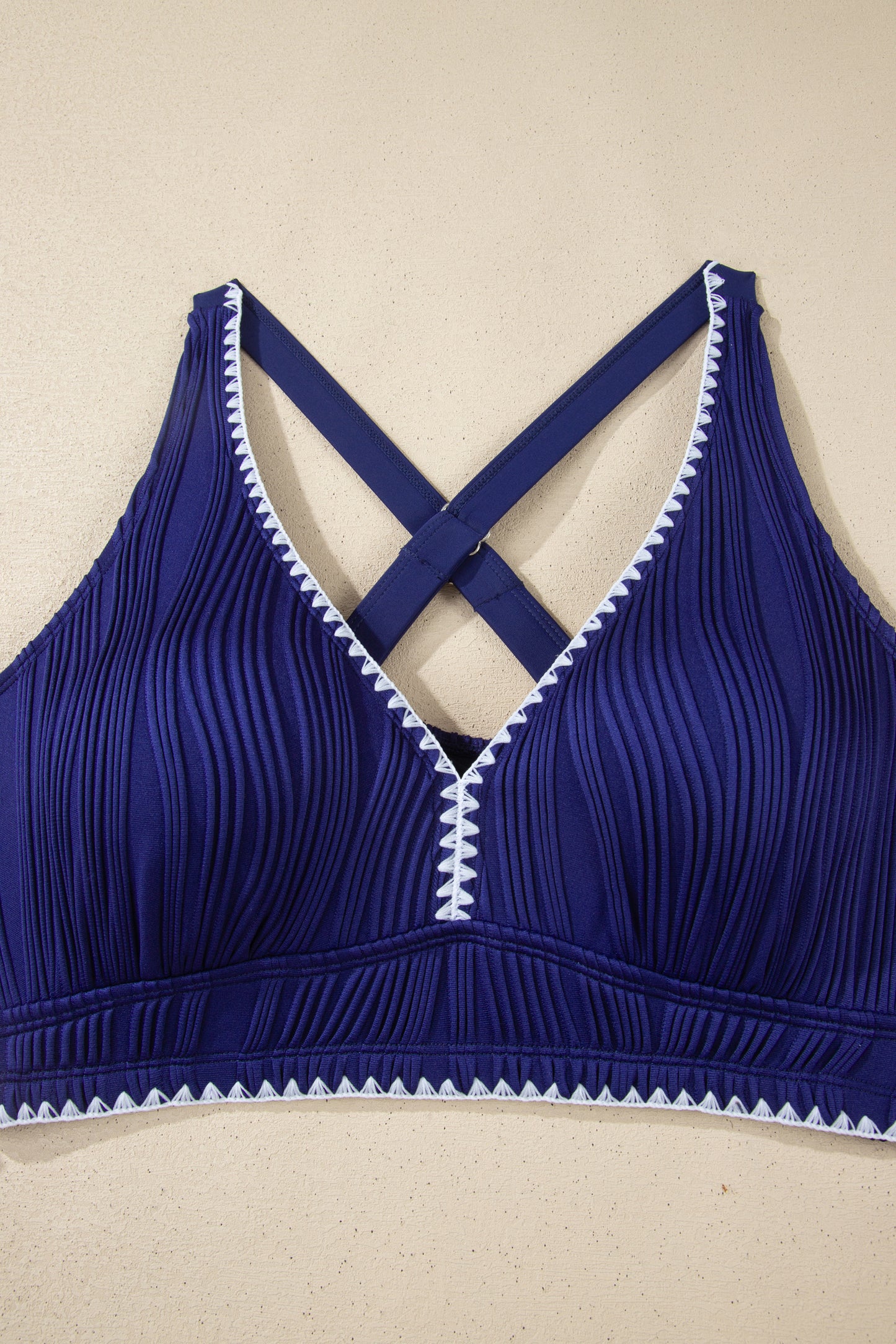 Dark Blue Shell Stitched Trim V Neck Textured Mix and Match High Waist Bikinis-Swimwear/Bikinis-[Adult]-[Female]-2022 Online Blue Zone Planet