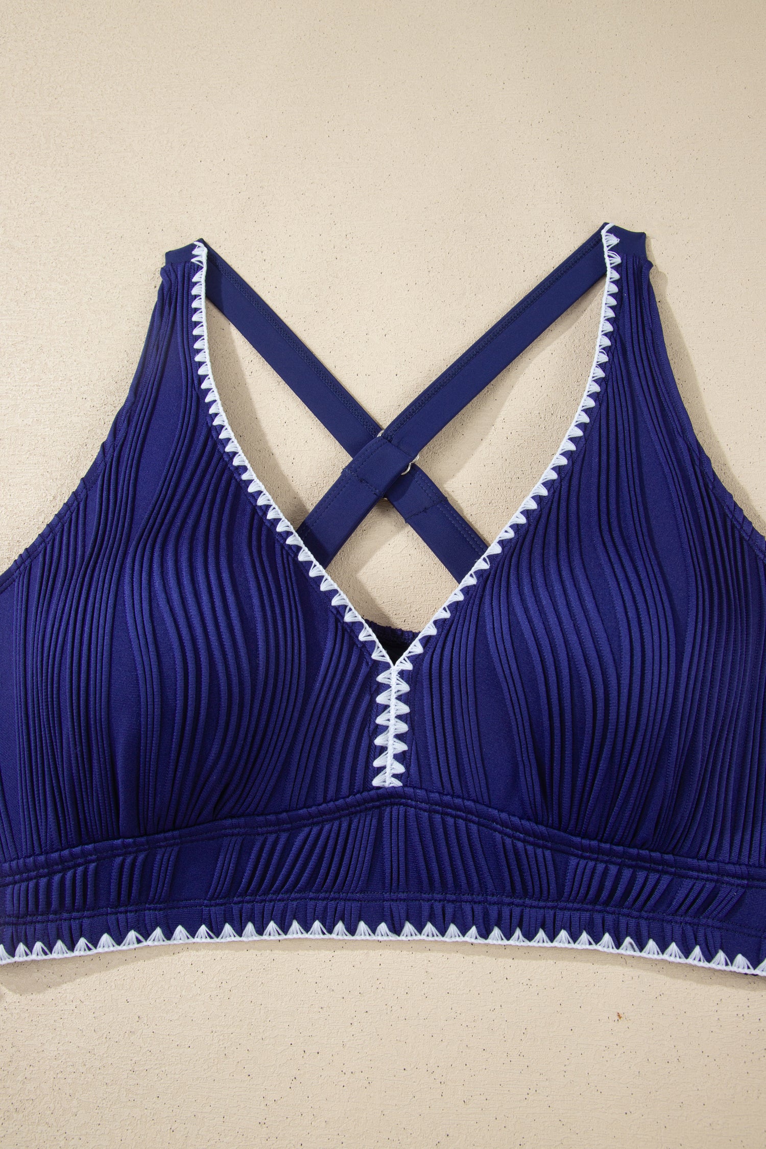 Dark Blue Shell Stitched Trim V Neck Textured Mix and Match High Waist Bikinis-Swimwear/Bikinis-[Adult]-[Female]-2022 Online Blue Zone Planet