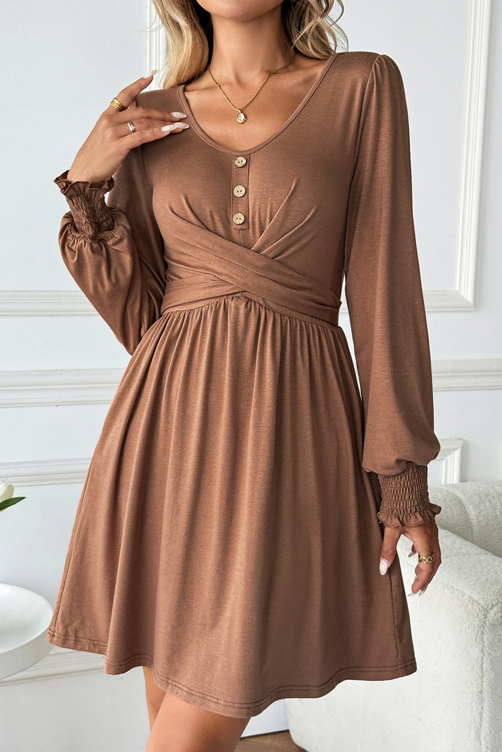 Chestnut Shirred Cuff Long Sleeve Button Round Neck Mini Dress-TOPS / DRESSES-[Adult]-[Female]-2022 Online Blue Zone Planet