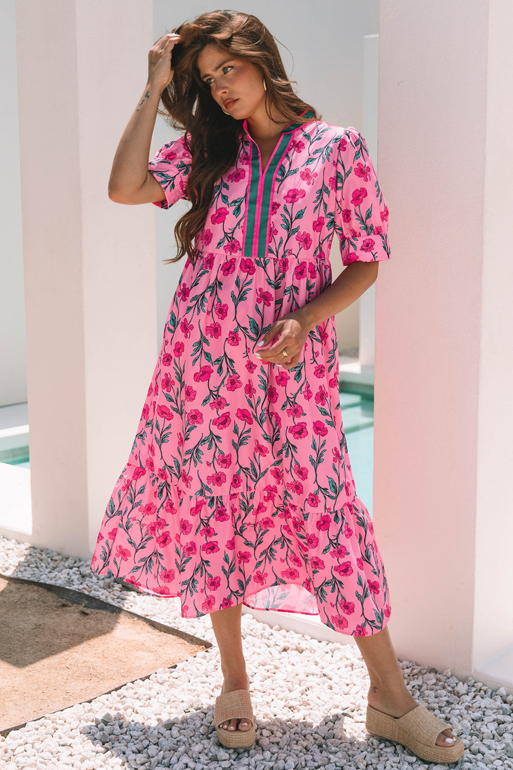 Pink Floral Contrast Neckline A-line Puff Sleeve Long Dress-Dresses/Maxi Dresses-[Adult]-[Female]-2022 Online Blue Zone Planet