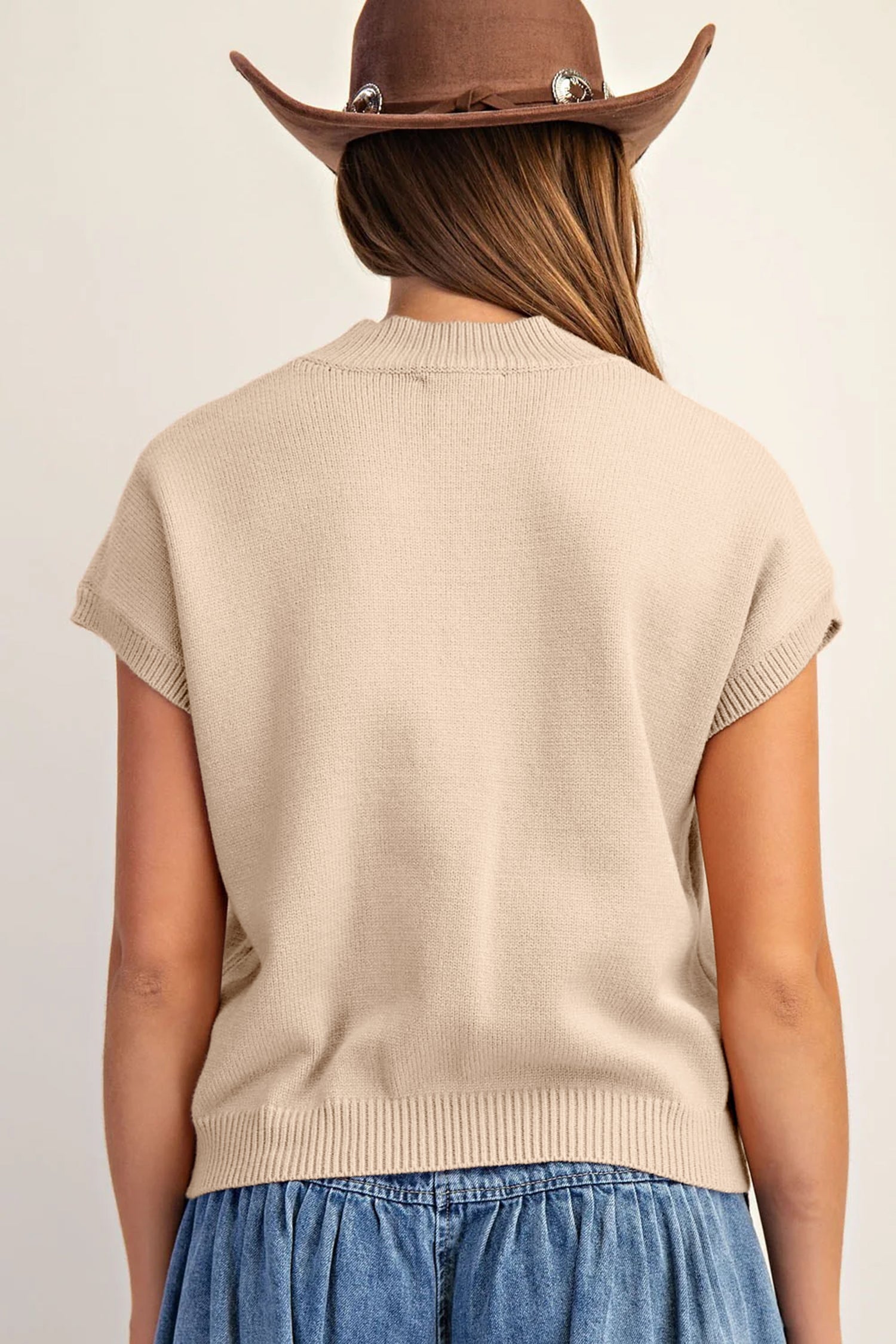 Parchment Corded Horseshoes Ribbed Trim Mock Neck Short Sleeve Sweater-TOPS / DRESSES-[Adult]-[Female]-2022 Online Blue Zone Planet
