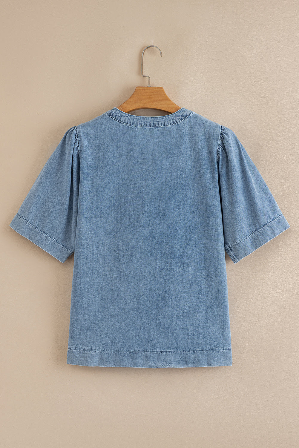 Myosotis Pintuck Pleats Puff Sleeve Split V Neck Summer Denim Top-Tops/Tops & Tees-[Adult]-[Female]-2022 Online Blue Zone Planet
