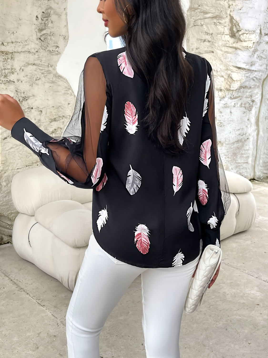 Feather Print Mock Neck Long Sleeve Blouse-TOPS / DRESSES-[Adult]-[Female]-2022 Online Blue Zone Planet