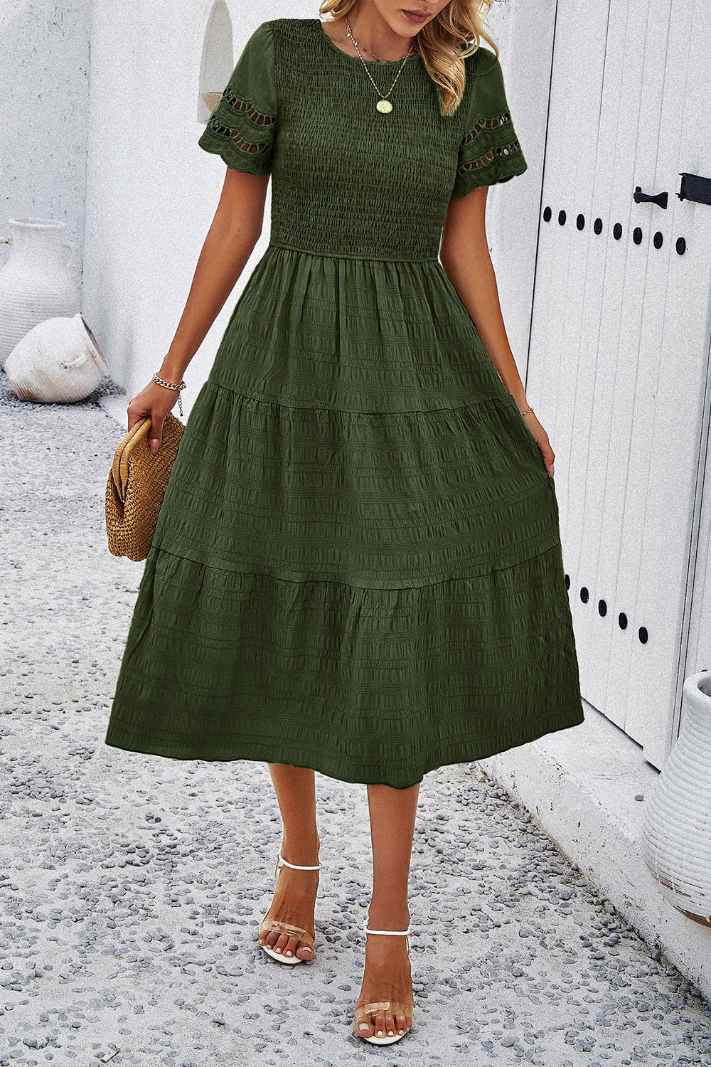 Smocked Round Neck Short Sleeve Midi Dress-TOPS / DRESSES-[Adult]-[Female]-Matcha Green-S-2022 Online Blue Zone Planet