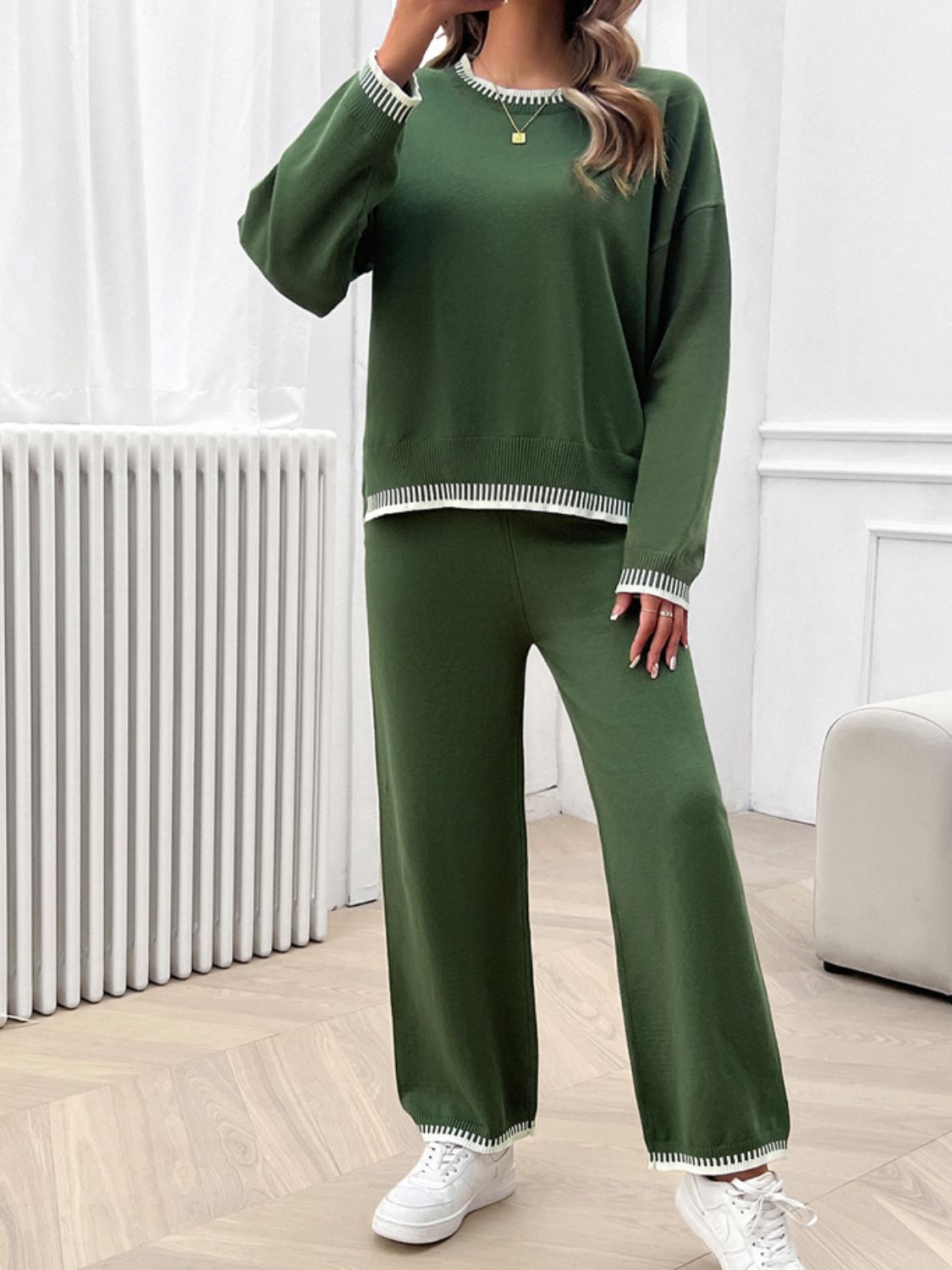 Blue Zone Planet | Round Neck Dropped Shoulder Top and Pants Sweater Set-TOPS / DRESSES-[Adult]-[Female]-2022 Online Blue Zone Planet