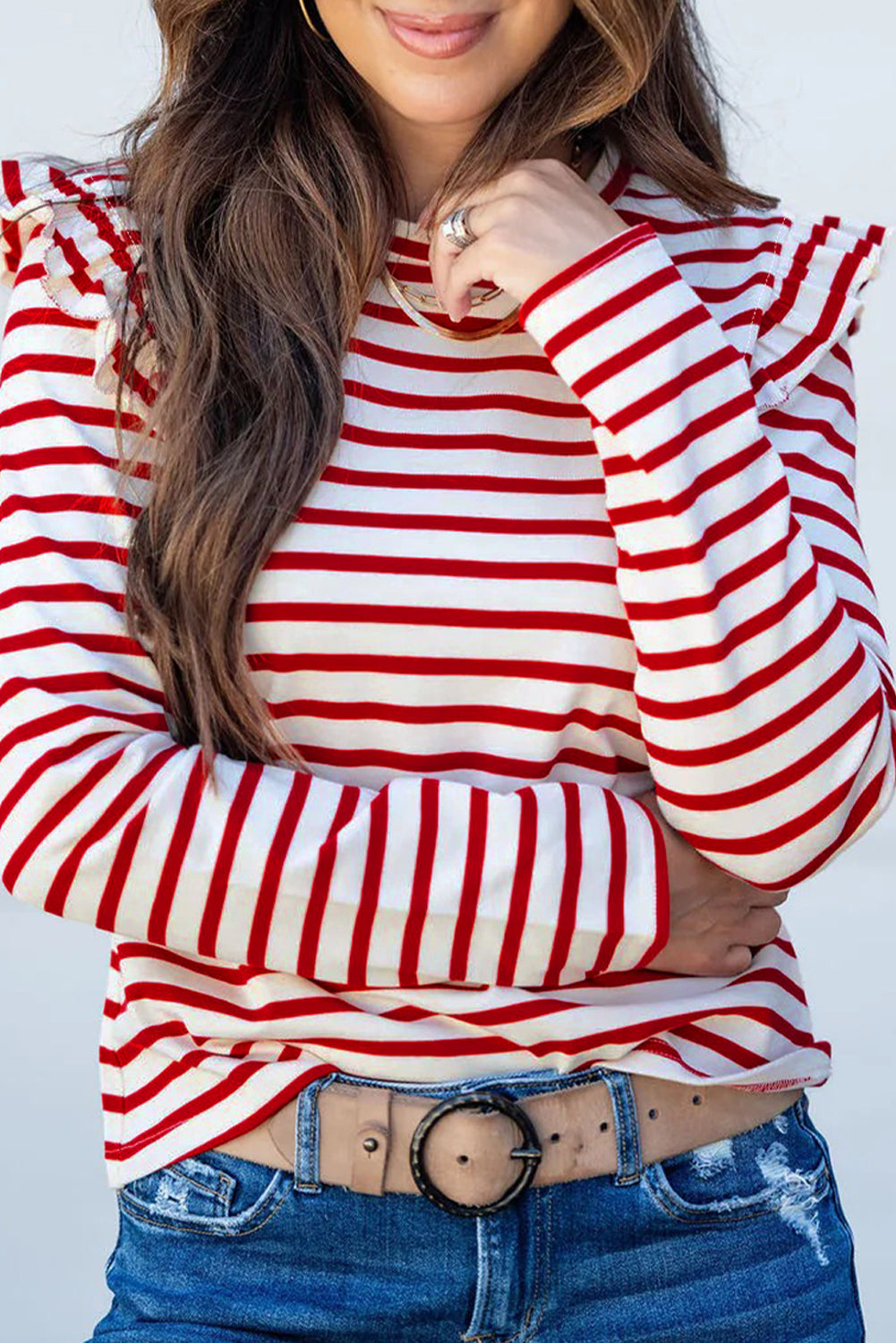 Red Stripe Round Neck Ruffle Trim Long Sleeve Top-Tops/Long Sleeve Tops-[Adult]-[Female]-Red Stripe-S-2022 Online Blue Zone Planet