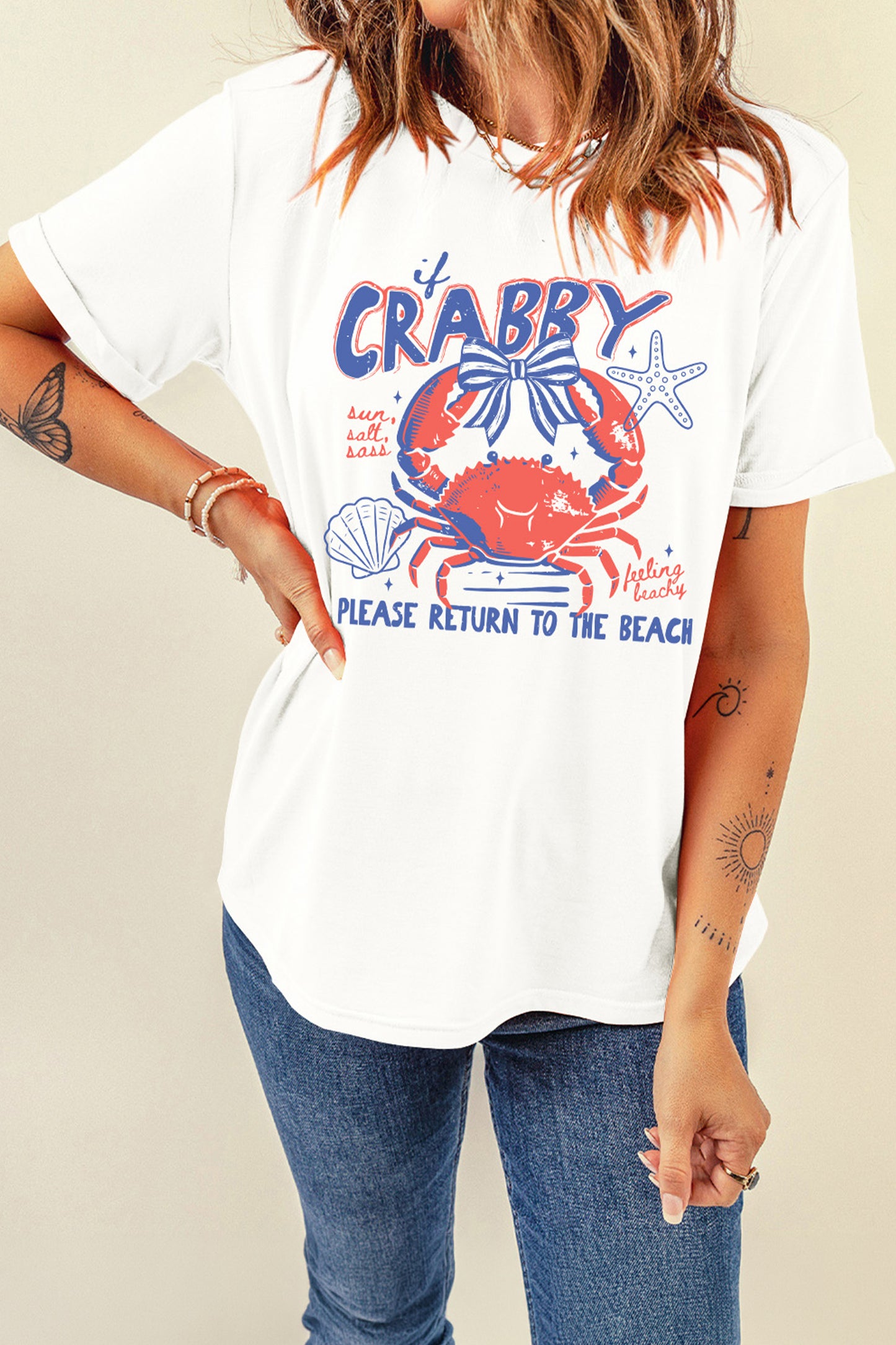 White Coquette Crabby Vacation Graphic Tee-Graphic/Graphic Tees-[Adult]-[Female]-2022 Online Blue Zone Planet