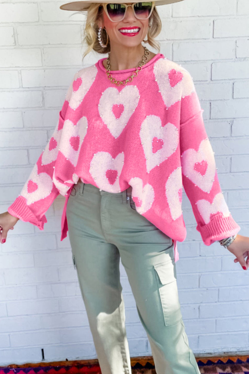 Bonbon Pearl Beaded Heart Drop Shoulder Sweater-Sweaters-[Adult]-[Female]-2022 Online Blue Zone Planet