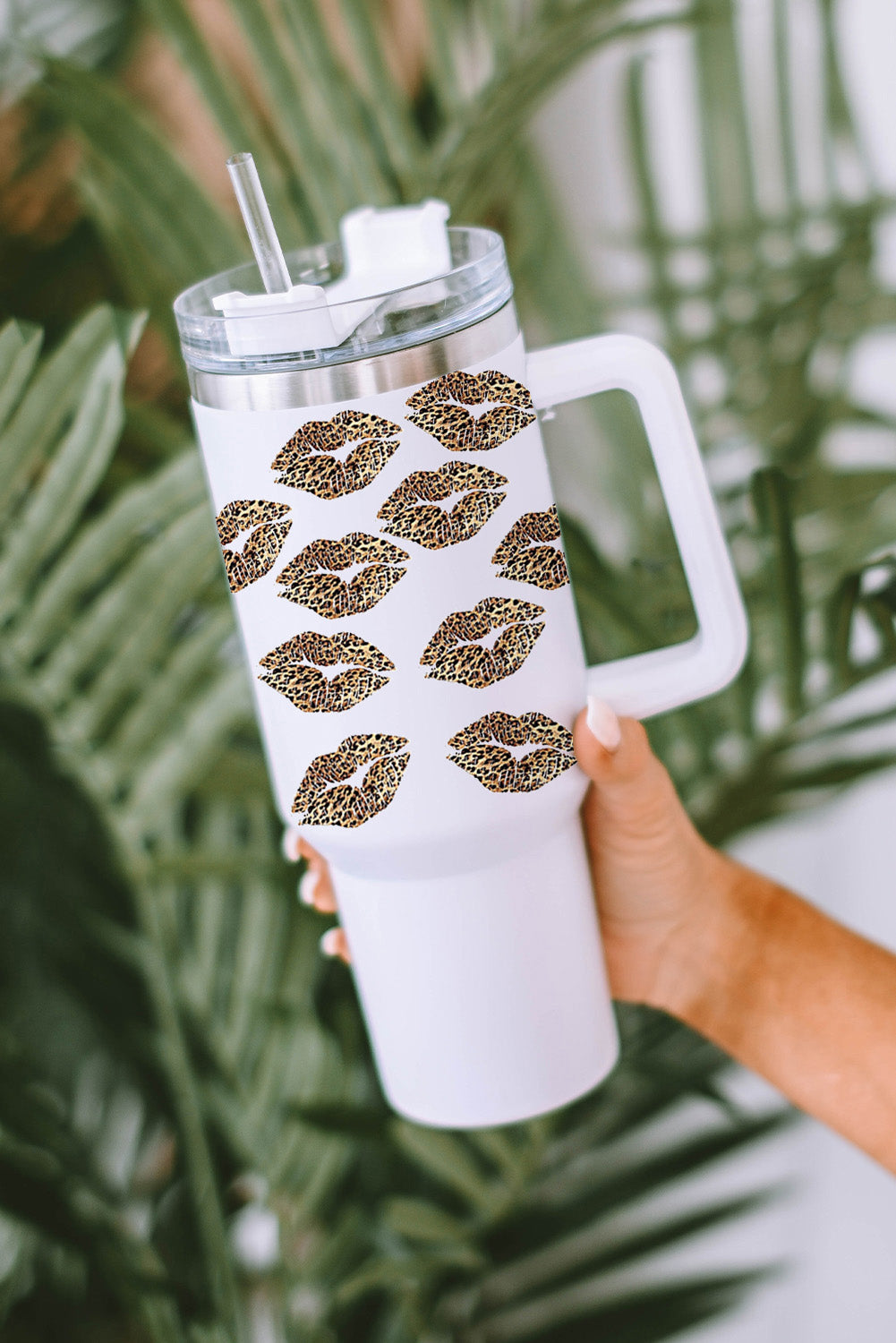 White Valentine Leopard Lips Print Thermos Cup With Straw 40oz-Accessories/Tumblers-[Adult]-[Female]-2022 Online Blue Zone Planet