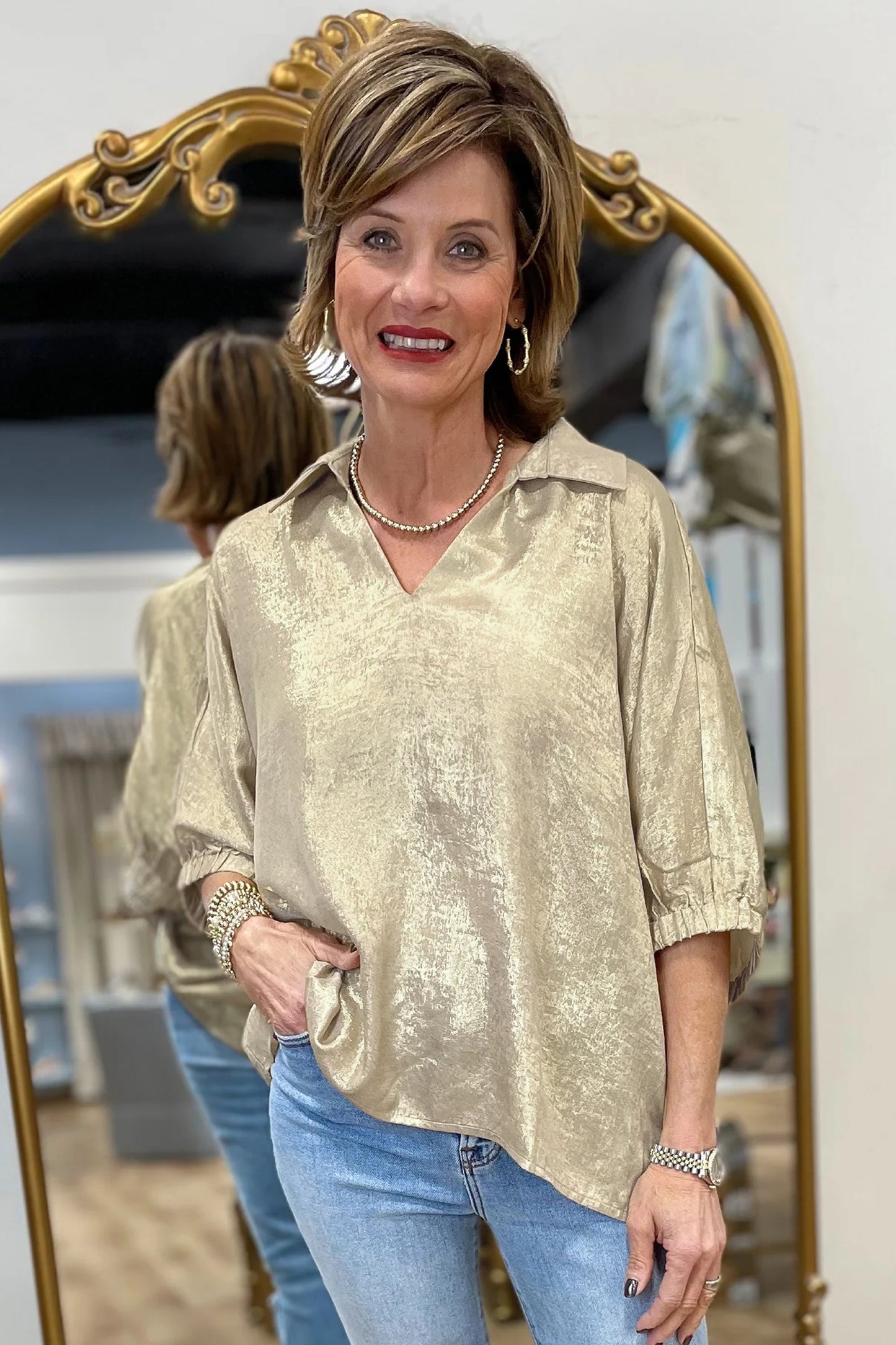 Clearly Aqua Collared V Neck Half Sleeve Metallic Top-Tops/Blouses & Shirts-[Adult]-[Female]-2022 Online Blue Zone Planet