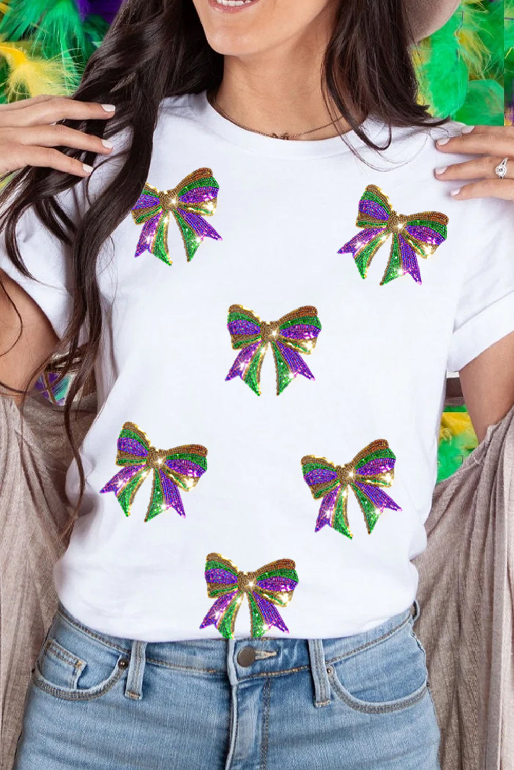Black Sequin Mardi Gras Bow Graphic Crewneck Tee-Graphic Tees-[Adult]-[Female]-White-S-2022 Online Blue Zone Planet