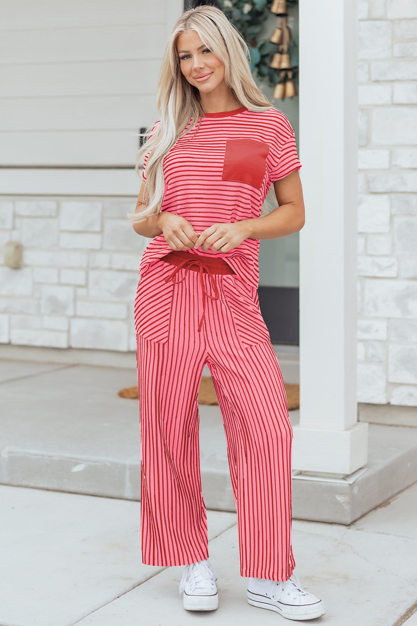Sky Blue Stripe Crew Neck Tee Drawstring Waist Cropped Pants Set-Two Piece Sets/Pant Sets-[Adult]-[Female]-Rose Stripe-S-2022 Online Blue Zone Planet