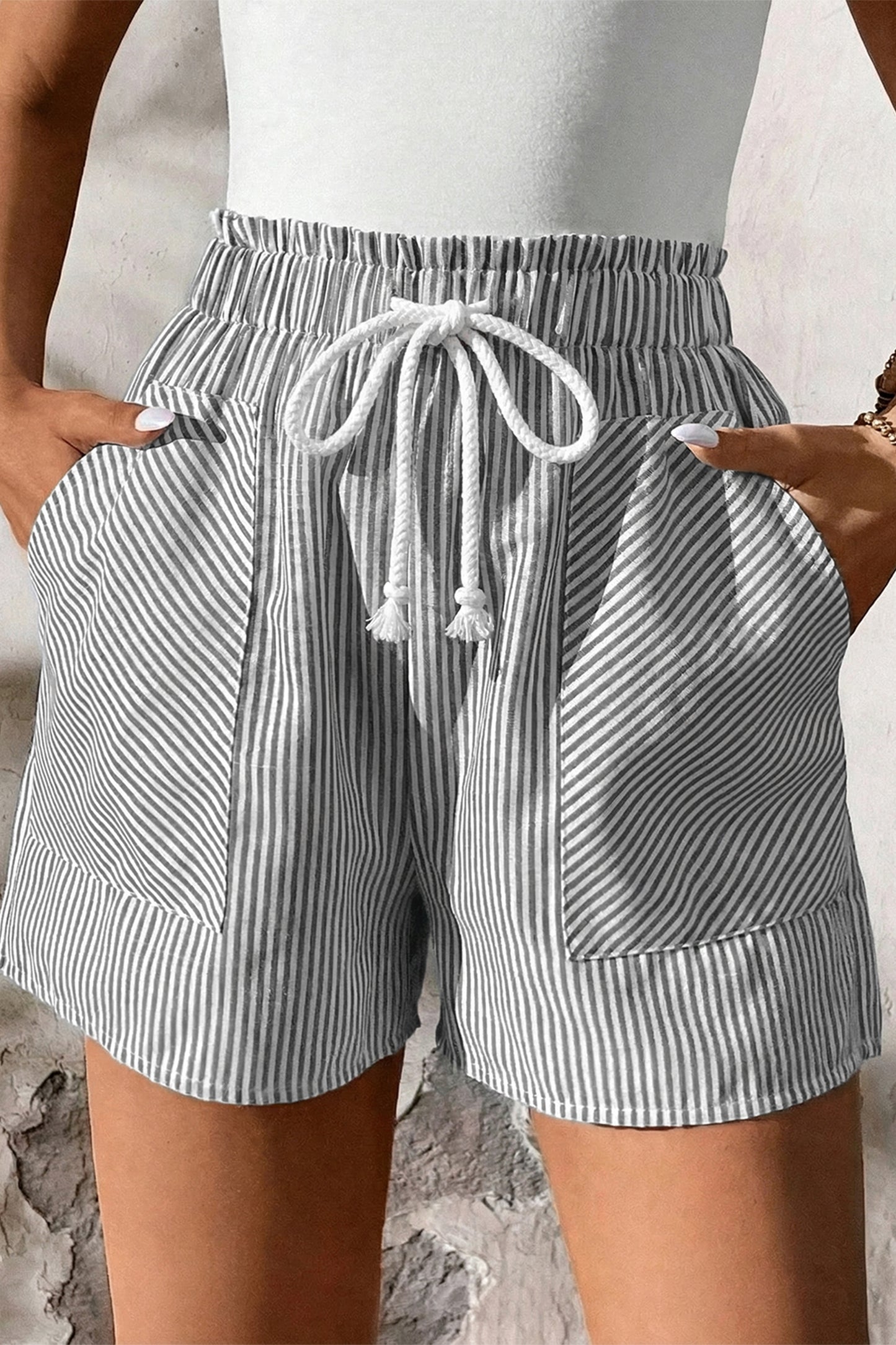 Gray Stripe Lace-Up Elastic Waist Casual Pocketed Shorts-Bottoms/Casual Shorts-[Adult]-[Female]-2022 Online Blue Zone Planet