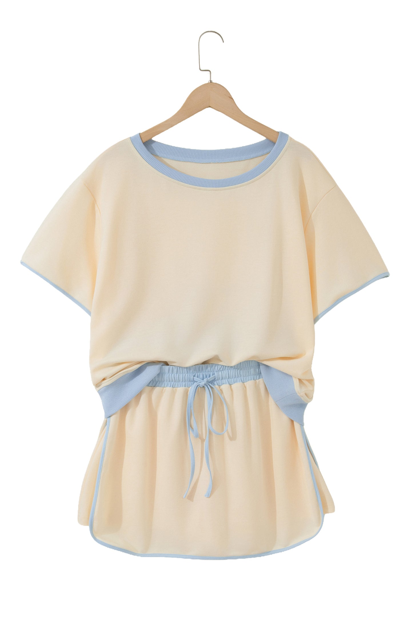 Apricot Colorblock Edge Drop Shoulder T Shirt and Skort 2Pcs Set-Two Piece Sets/Two Piece Dresses-[Adult]-[Female]-2022 Online Blue Zone Planet