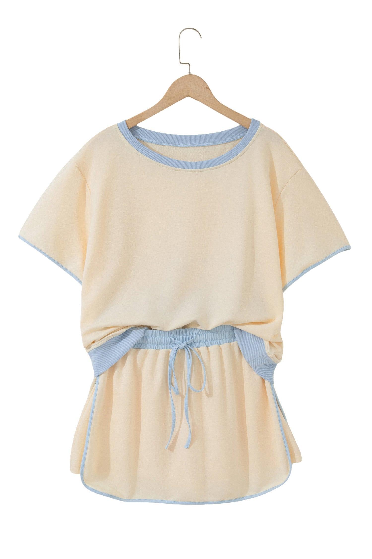 Apricot Colorblock Edge Drop Shoulder T Shirt and Skort 2Pcs Set-Two Piece Sets/Two Piece Dresses-[Adult]-[Female]-2022 Online Blue Zone Planet