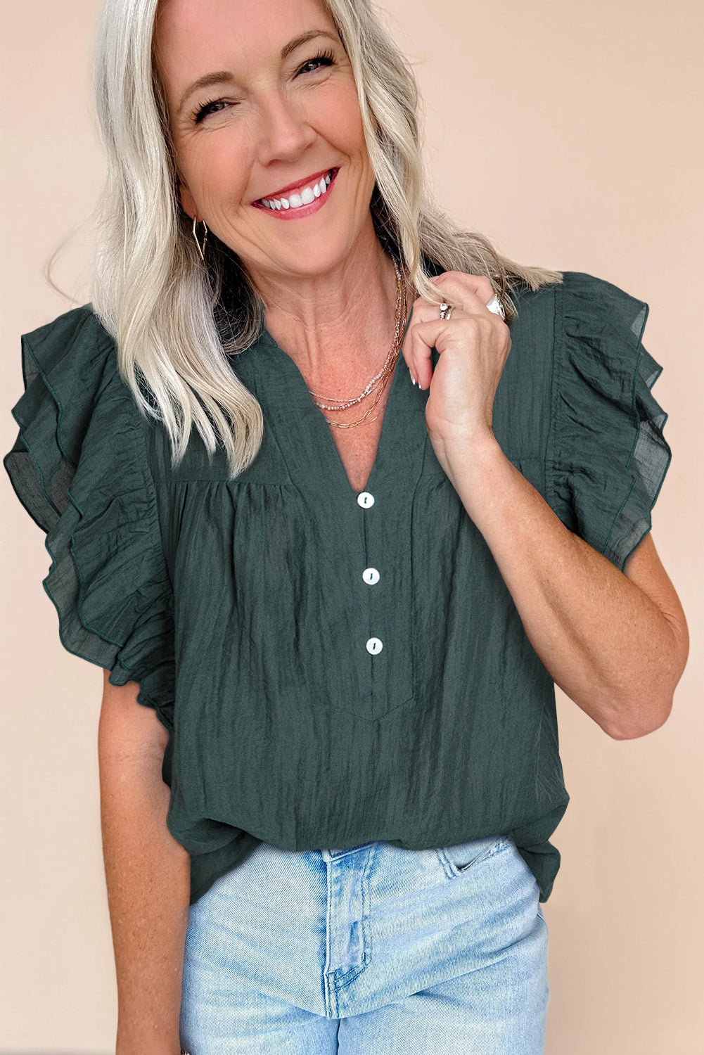 Skobeloff Frilled V Neck Ruffled Cap Sleeve Blouse-Tops/Blouses & Shirts-[Adult]-[Female]-2022 Online Blue Zone Planet