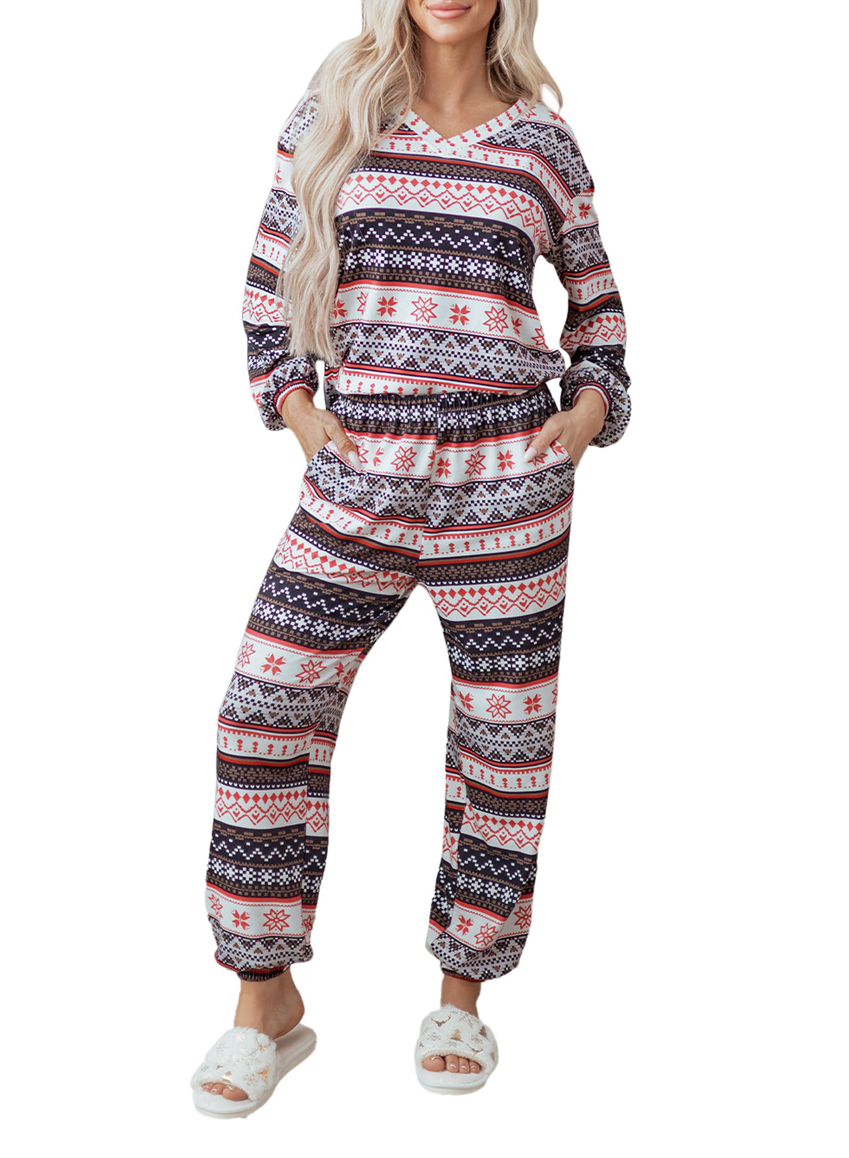 Black Retro Christmas Pattern Loose Pullover 2pcs Lounge Pant Set-Loungewear & Sleepwear/Loungewear-[Adult]-[Female]-2022 Online Blue Zone Planet