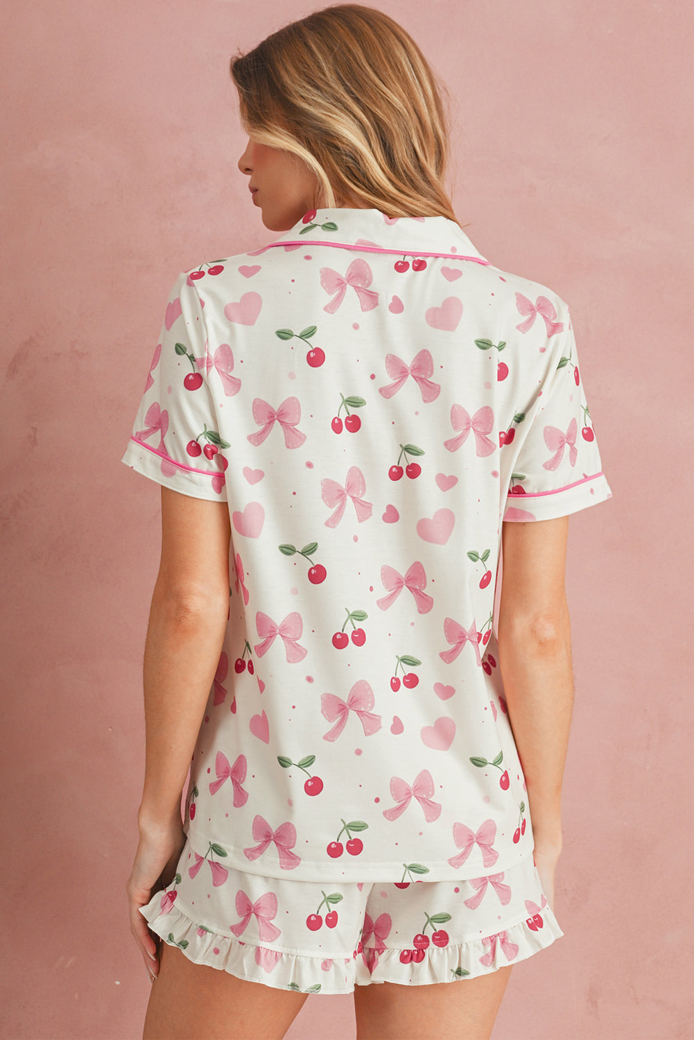 Beige Bow and Cherry Print Ruffle Hem Shorts Pajama Set-Two Piece Shorts Sets-[Adult]-[Female]-2022 Online Blue Zone Planet