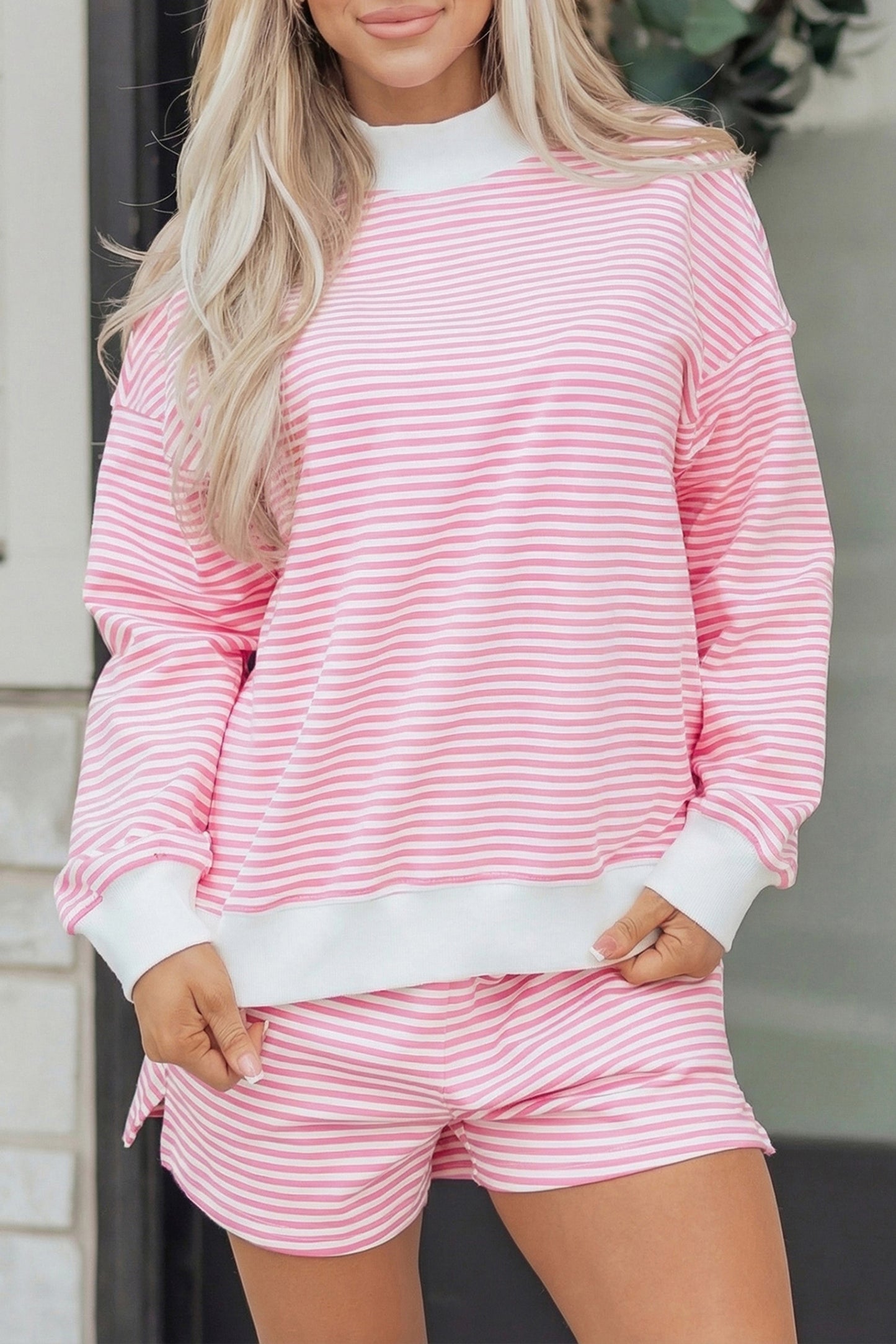 Pink Stripe Oversize Mock Neck Sweatshirt and Shorts Set-Two Piece Sets/Short Sets-[Adult]-[Female]-2022 Online Blue Zone Planet