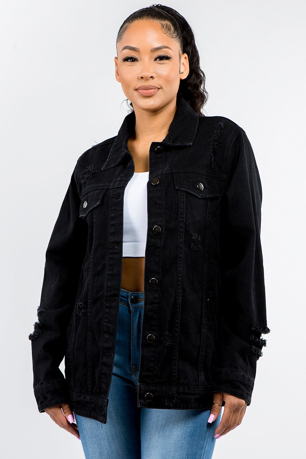 American Bazi Full Size Button Up Distressed Denim Jacket-TOPS / DRESSES-[Adult]-[Female]-Black-S-2022 Online Blue Zone Planet