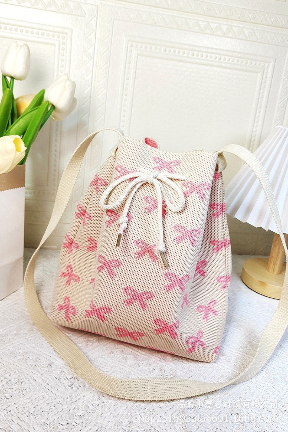 Zenana Ribbon Bowknot Pattern Crossbody Bucket-HANDBAGS-[Adult]-[Female]-Pink-One Size-2022 Online Blue Zone Planet