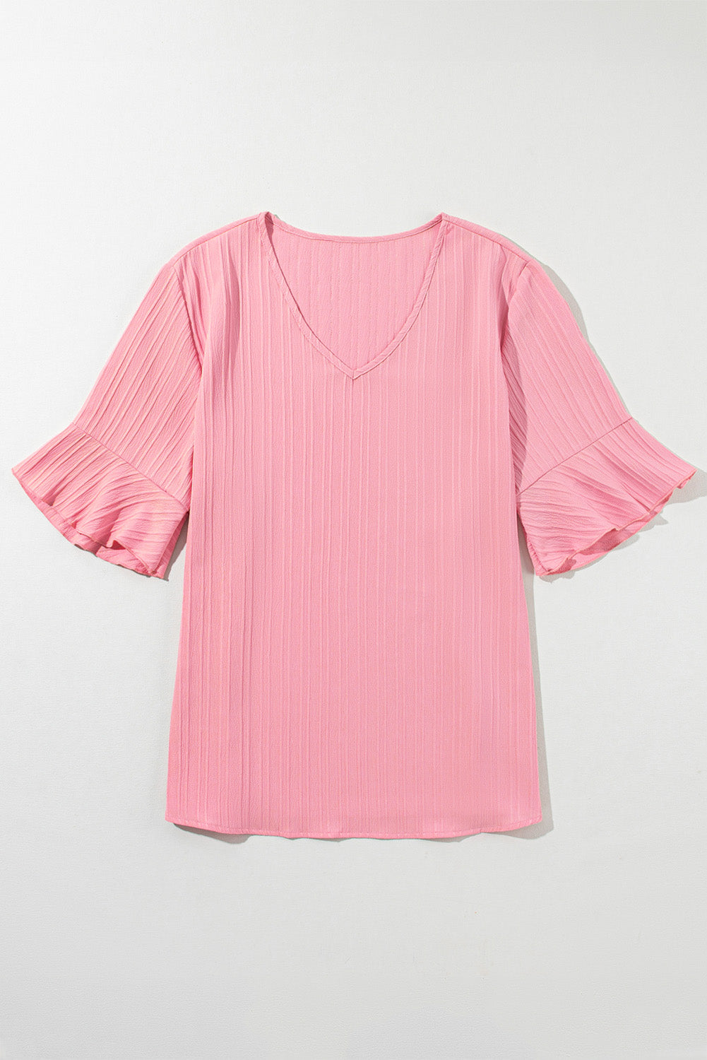 Peach Blossom Ruffled Half Sleeve V Neck Textured Plus Top-Plus Size/Plus Size Tops/Plus Size Blouses & Shirts-[Adult]-[Female]-2022 Online Blue Zone Planet