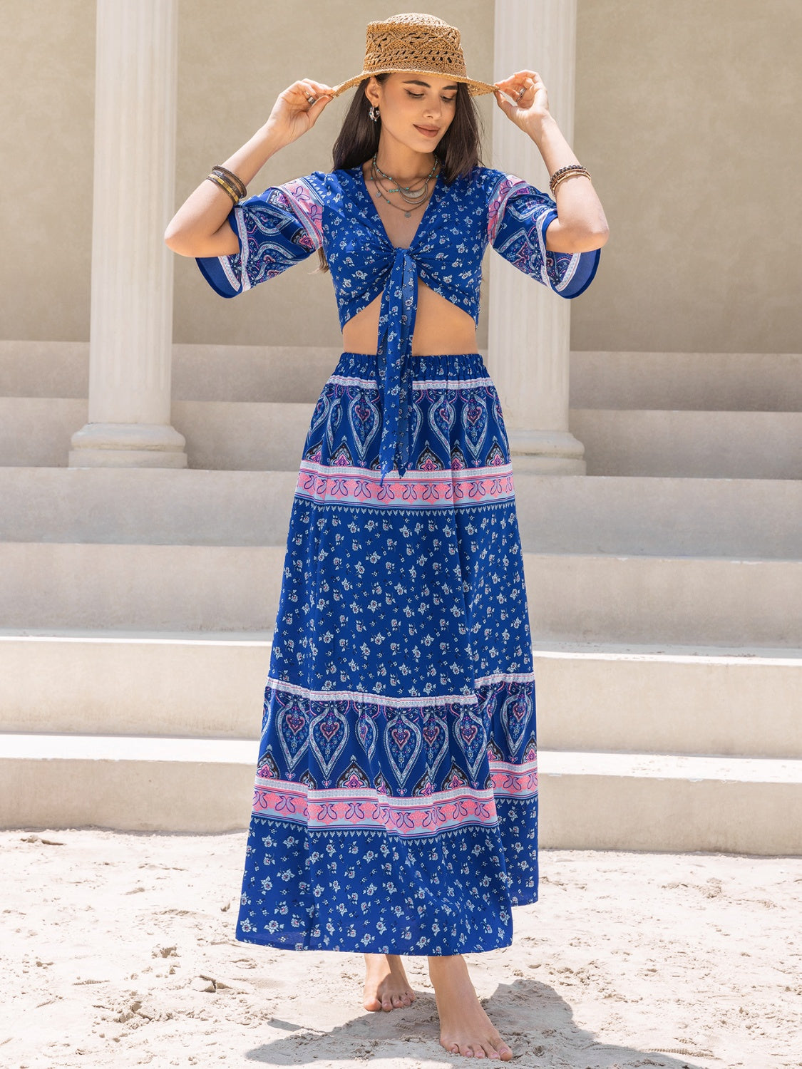 Blue Zone Planet | Printed Flutter Sleeve Top and Skirt Set-TOPS / DRESSES-[Adult]-[Female]-2022 Online Blue Zone Planet