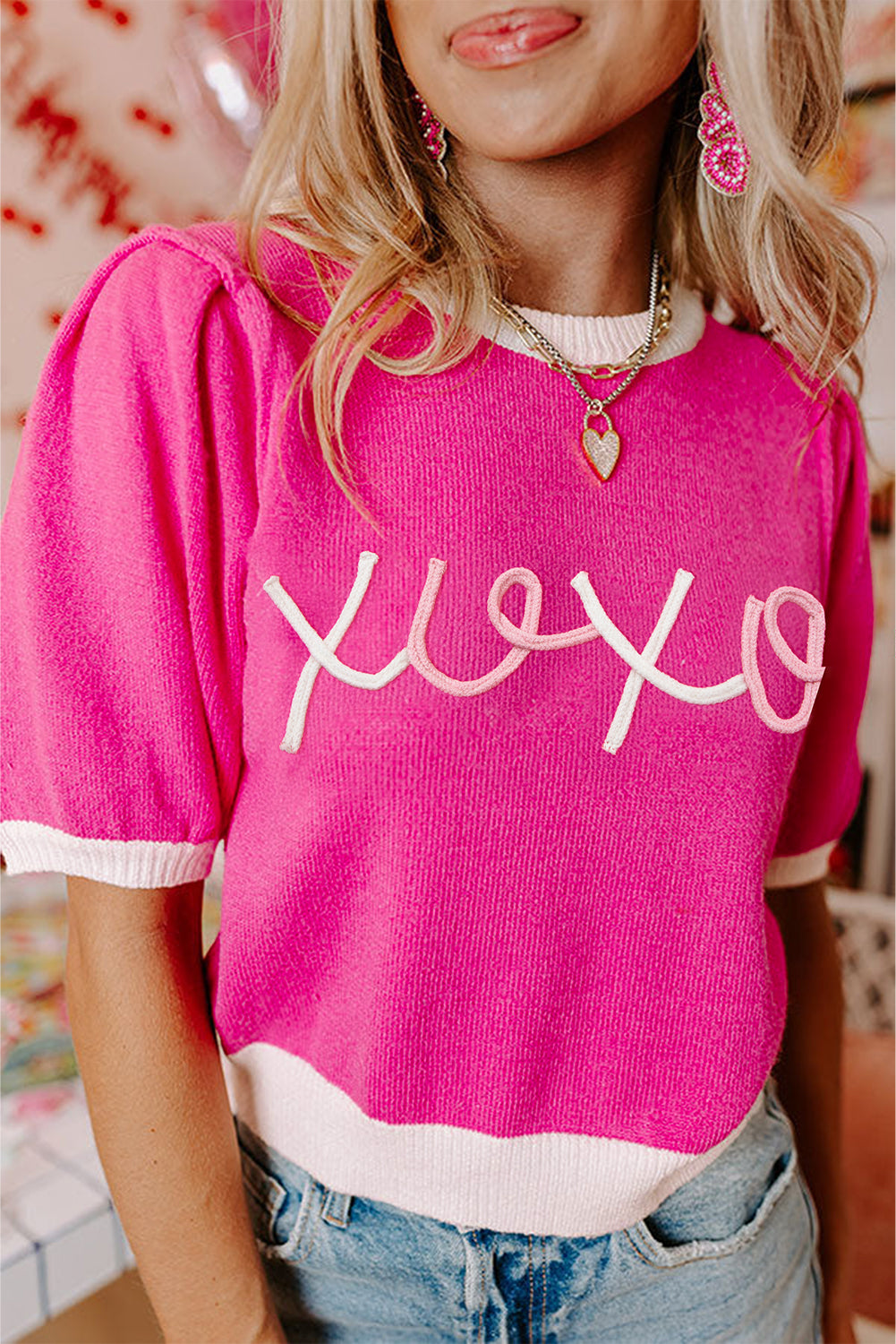 Bright Pink XOXO Embroidered Graphic Valentines Contrast Trim Crew Neck Short Puff Sleeve Sweater Tee-TOPS / DRESSES-[Adult]-[Female]-Bright Pink-S-2022 Online Blue Zone Planet