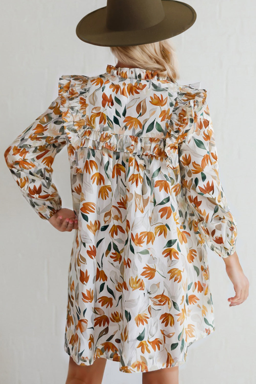 Yellow Floral Print Tie Neck Frilled Detail Long Sleeve Mini Dress-TOPS / DRESSES-[Adult]-[Female]-2022 Online Blue Zone Planet