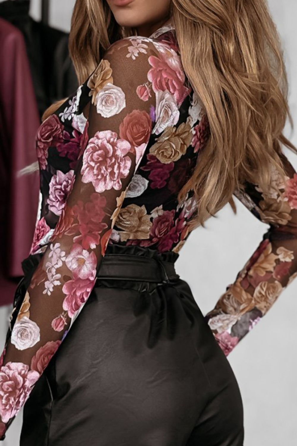 Floral Mock Neck Long Sleeve Mesh Top-TOPS / DRESSES-[Adult]-[Female]-2022 Online Blue Zone Planet