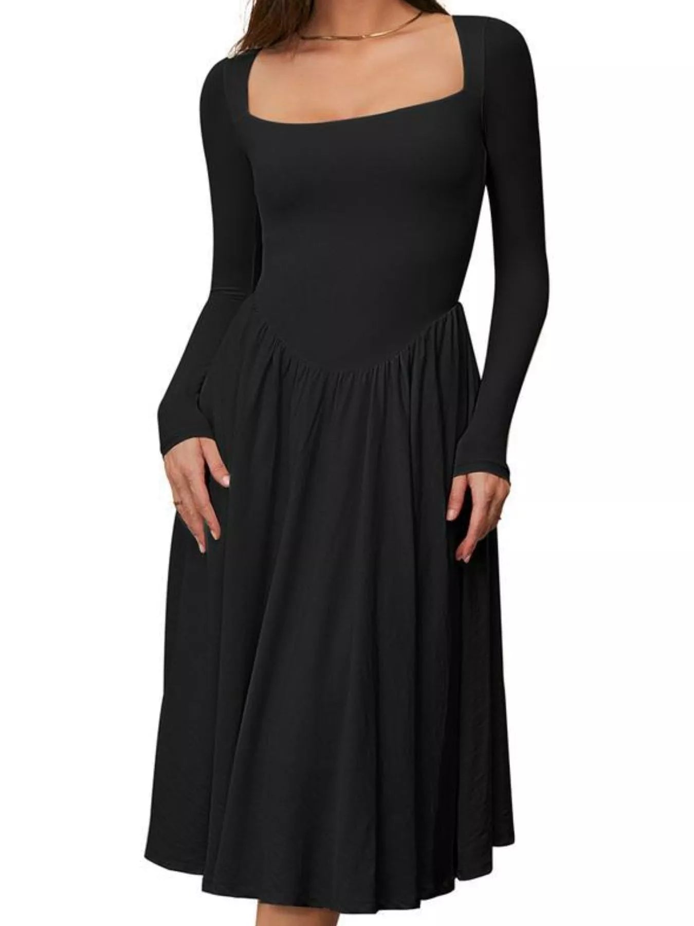 Square Neck Long Sleeve Midi Dress Black / S