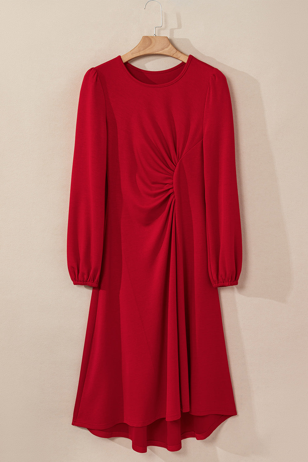 Fiery Red Solid Color Ruched Detail Long Sleeve Midi Dress-TOPS / DRESSES-[Adult]-[Female]-2022 Online Blue Zone Planet