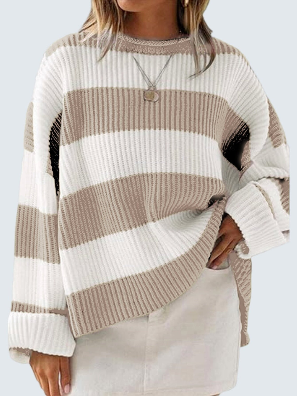 Round Neck Long Sleeve Sweater-NEW ARRIVALS-[Adult]-[Female]-Khaki-S-2022 Online Blue Zone Planet