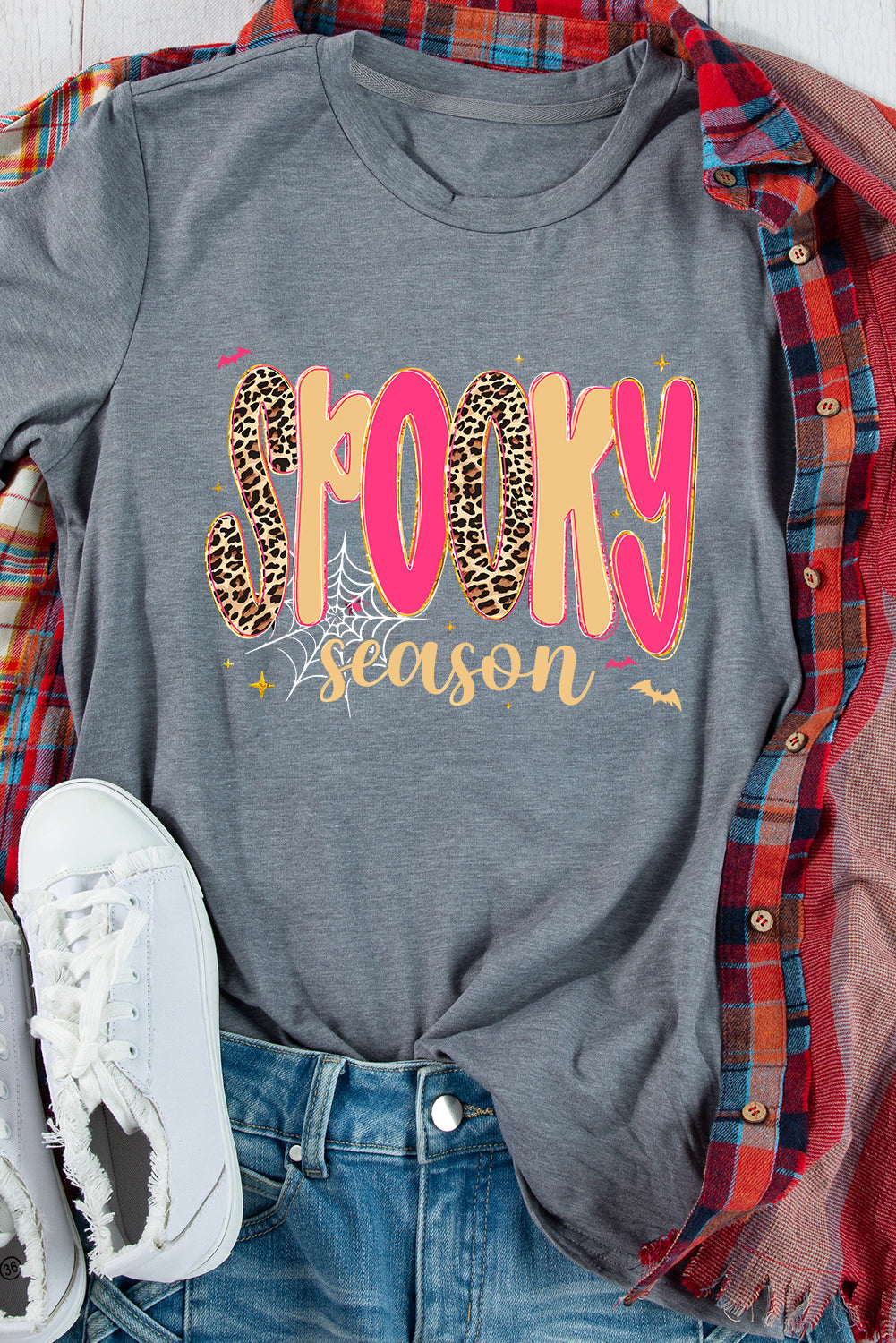 Gray Spooky Season Playful Halloween Graphic T Shirt-Graphic/Graphic Tees-[Adult]-[Female]-2022 Online Blue Zone Planet