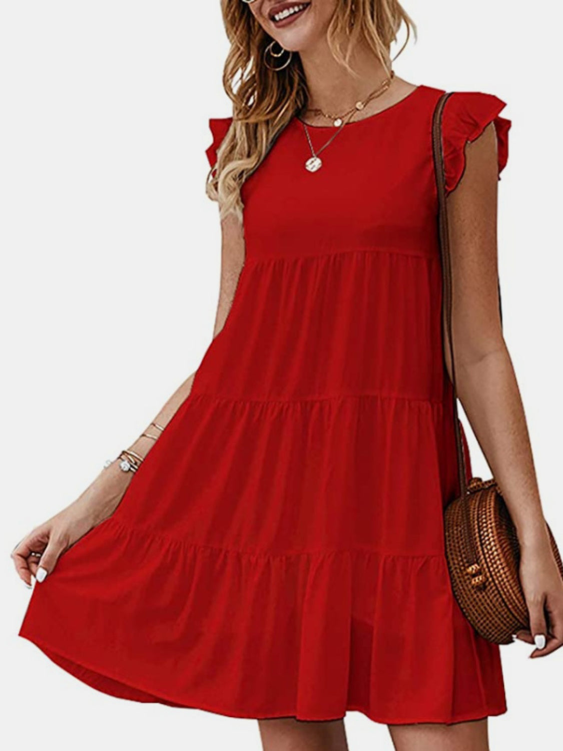 Ruffled Round Neck Cap Sleeve Mini Dress-TOPS / DRESSES-[Adult]-[Female]-Deep Red-S-2022 Online Blue Zone Planet