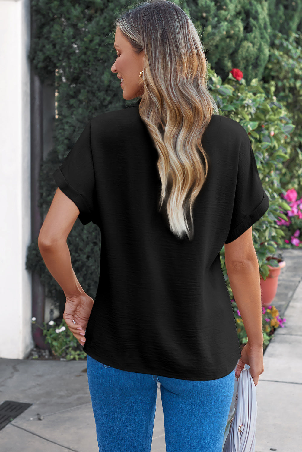 Black Notched Neck Batwing Sleeve Lightweight Blouse-Tops/Blouses & Shirts-[Adult]-[Female]-2022 Online Blue Zone Planet