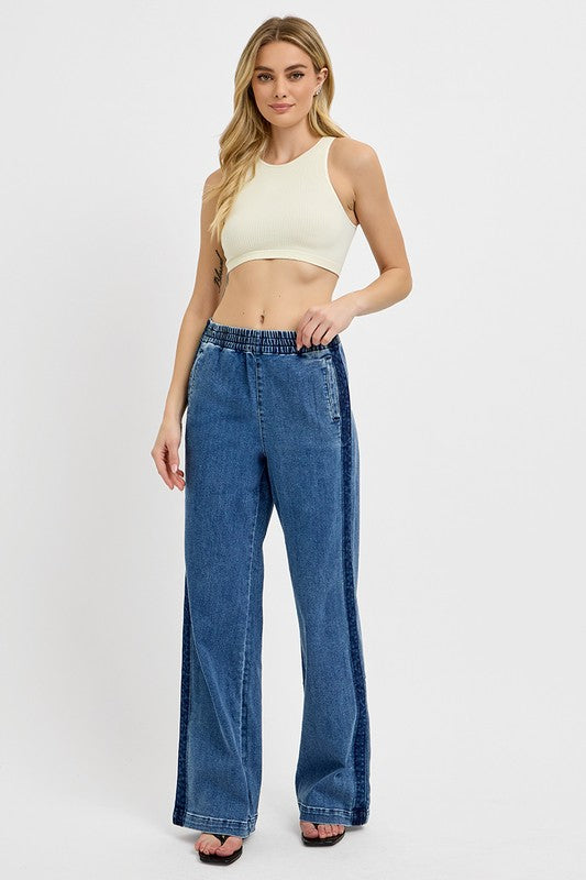 RISEN Full Size Elastic Waist Wide Leg Jeans Plus Size-BOTTOMS-[Adult]-[Female]-2022 Online Blue Zone Planet