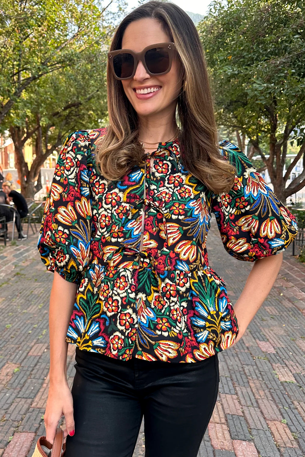 Black Tropical Print Bubble Sleeve Knot Front Blouse-Tops/Blouses & Shirts-[Adult]-[Female]-2022 Online Blue Zone Planet