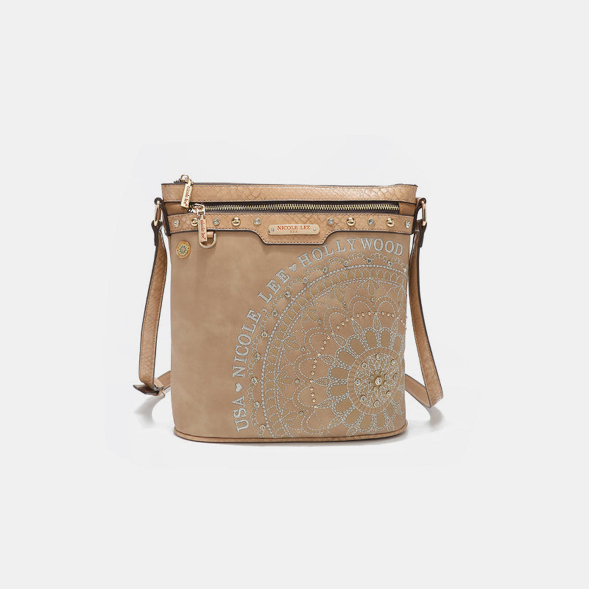 Blue Zone Planet | Nicole Lee USA Metallic Stitching Embroidery Inlaid Rhinestone Crossbody Bag-TOPS / DRESSES-[Adult]-[Female]-Beige-One Size-2022 Online Blue Zone Planet