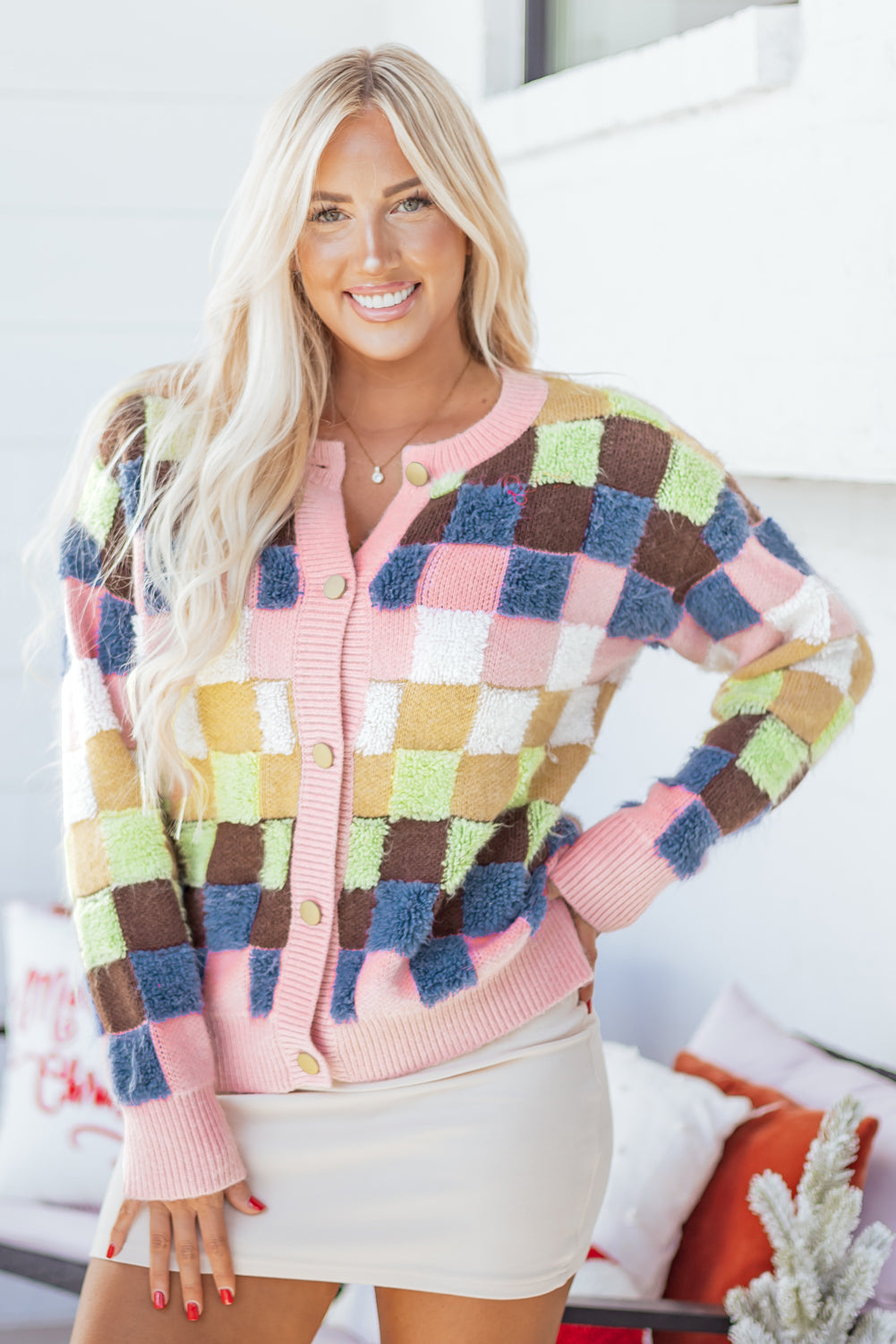 Multicolour Plush Checkered Pattern Button Front Cardigan Sweater-Sweaters & Cardigans/Cardigans-[Adult]-[Female]-2022 Online Blue Zone Planet