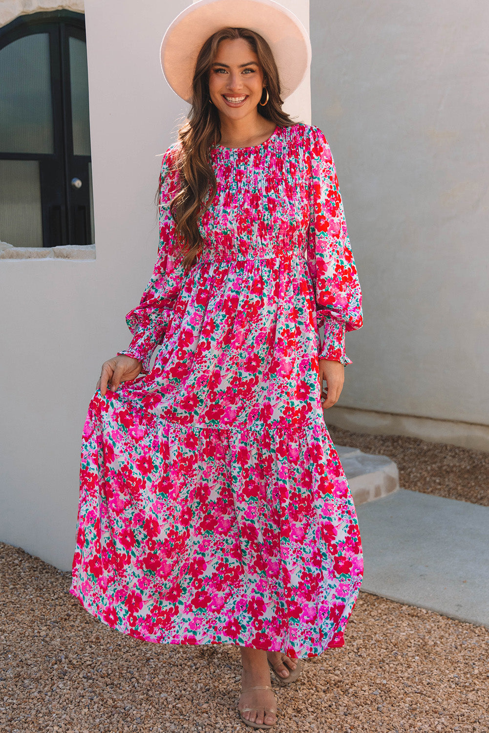 Blue Zone Planet | Sky Blue Floral Print Smocked Lantern Sleeve Tiered Maxi Dress-TOPS / DRESSES-[Adult]-[Female]-2022 Online Blue Zone Planet